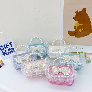 Girls Mini Crossbody Bag Artificial Pearl Handle Handbag Iridescent PU Leather Lace Bowknot Princess Style Sweet Cute