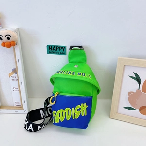 Green and blue kids crossbody chest bag with yellow Molika lettering and adjustable strap