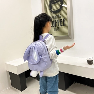 Cute lilac kids backpack with 3D bunny ears and soft plush tail for little girls