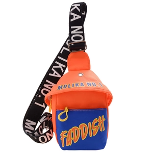 Kids sporty chest bag in bright orange and royal blue with letter embroidery and strap