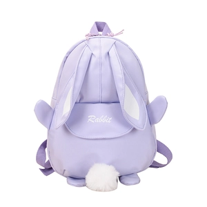Cute light purple rabbit backpack for kids with 3D bunny ears and plush pom pom tail