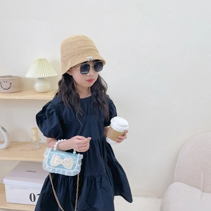 Mini blue lace square bag with pearl chain handle and bow for girls summer outfits