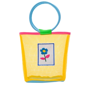 Colorful floral mesh beach tote bag with blue ring handle and vibrant dopamine style design