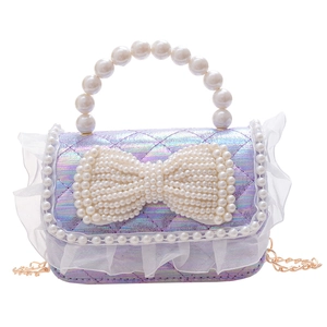 Kids quilted crossbody bag with pearl bow, iridescent leather and white lace trim