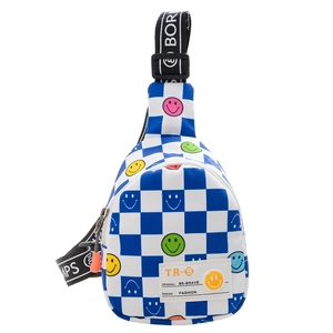 Blue and white checkerboard chest bag for kids featuring colorful smiley faces and woven strap