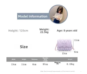 Size chart for girls' mini purple quilted purse showing dimensions and model height