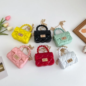 Mini Quilted Jelly Shoulder Bag PVC Rhombus Crossbody With Artificial Pearl Handle Chain For Kids Girls