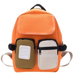 Kids lightweight canvas backpack in orange color with stylish green and white pockets