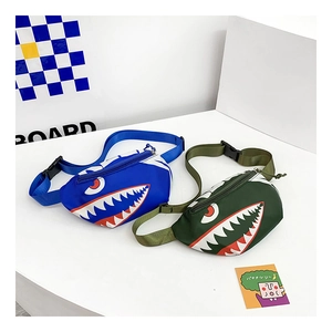 Close-up of shark print canvas chest bags for kids in royal blue and army green colors
