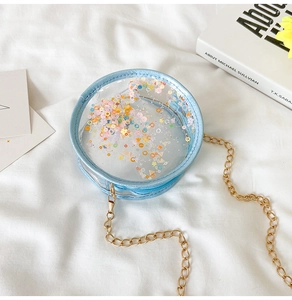 Detail of round clear crossbody bag with colorful sequins and golden chain strap