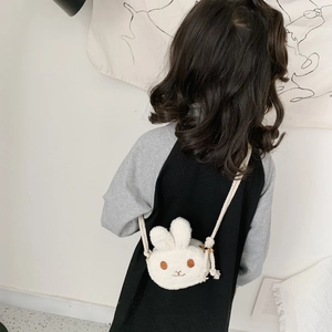 Cute white plush bunny crossbody bag for kids featuring soft faux fur and animal design
