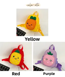 Detailed display of cute toddler backpacks in yellow, red and purple cartoon fruit designs