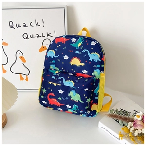 Detailed view of kids dinosaur backpack featuring colorful patterns and side mesh pocket