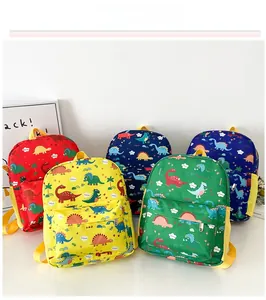 Collection of colorful cartoon dinosaur backpacks for children in five vibrant colors