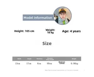 Size chart for kids canvas crossbody bag showing 13x17x6cm dimensions and model data