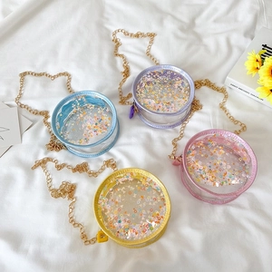 Girls Round Transparent PVC Crossbody Bag With Quicksand Colorful Sequins And Metal Chain Strap Cute Kids Fashion Shoulder Bag