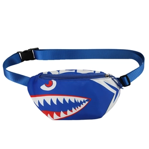 Blue canvas boys chest bag featuring a cartoon shark print and adjustable strap