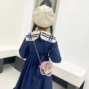 Girls navy blue sailor dress with cute pink glitter chain bag and cream beret outfit