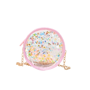 Pink girl's transparent crossbody bag with colorful sequins and golden chain strap