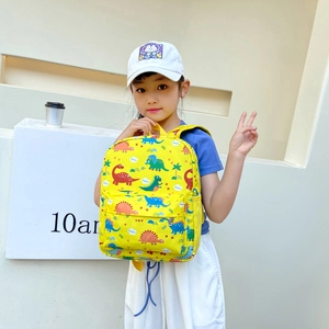 Cute yellow kids backpack with colorful cartoon dinosaur prints for preschool students