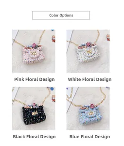 Détails de la texture en tweed avec fleurs et perles sur sacs à chaîne pour enfants