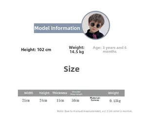 Detailed size chart for kids dinosaur canvas backpack with specific dimensions and weight