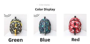 Detailed color display of kids dinosaur backpacks in green, blue, and red variants