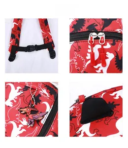 Vue détaillée du sac à dos dinosaure rouge pour enfant avec bretelles et breloque