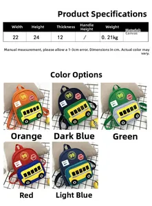 Detailed size chart and multi-color options for cartoon school bus canvas toddler backpacks