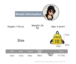 Detailed size chart and specifications for children's nylon backpack with dimensions