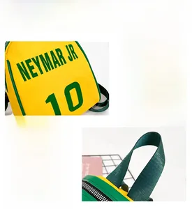 Detail of green handle and silver metal zipper on kids soccer backpack with Neymar printing