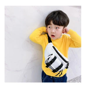 Close-up of white canvas kids chest bag with adjustable strap and checkered mesh detail