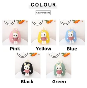 Detail view of mini children backpacks with cute 3D bunny plush dolls in five vibrant colors