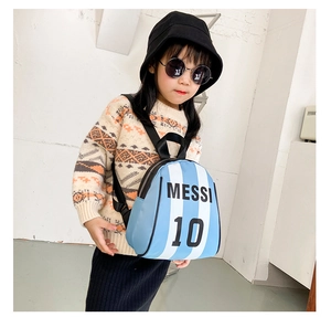Detail of kids backpack with Messi 10 print, blue white stripes and adjustable straps