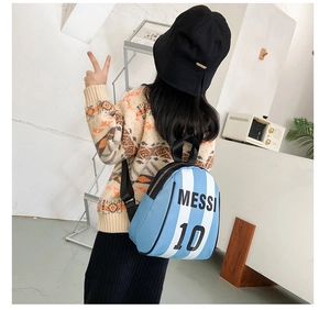 Detail of blue striped children's backpack featuring Messi 10 print and double zippers