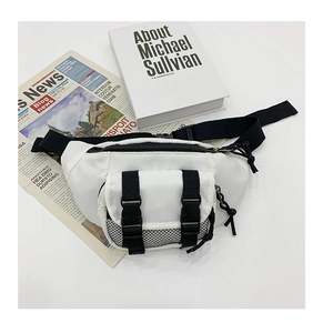 Detail of white nylon kids fanny pack featuring black buckles and adjustable strap