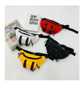 Detailed view of kids' waist bags in four colors with nylon fabric and durable buckles