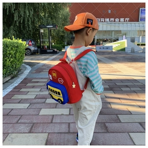 Toddler backpack featuring a creative 3D red bus design with durable canvas material