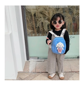 Detailed view of kids blue backpack with a 3D plush bunny on a striped overall model
