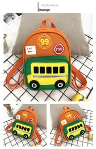 Detailed views of an orange school bus theme toddler backpack with cartoon graphic patches