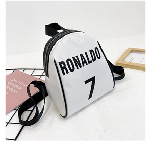Detail of white leather mini backpack showing black Ronaldo 7 print and metal zipper