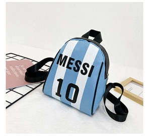 Detail of Messi 10 striped mini backpack featuring durable canvas and blue white colors
