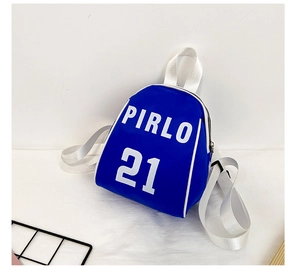 Detail view of royal blue kids backpack featuring white Pirlo 21 sports print and zippers