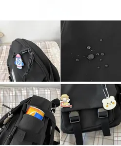 Détail du sac à dos en nylon imperméable montrant la résistance à l'eau et les poches
