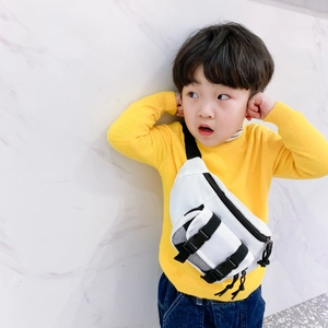 Minimalist white kids waist bag with black straps worn by a child in yellow sweater