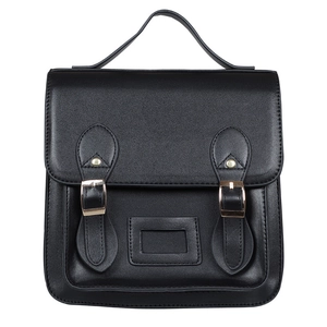 Retro black PU leather kindergarten backpack with gold buckles and front flap design