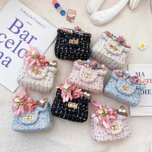 Sac Bandoulière Fille Tweed Tissu Fleur Satin 3D Künstliche Perle Oreilles Lapin Chaîne Métal Fermoir Tournant Douce Élégant