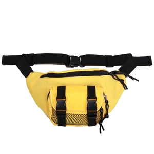 Bright yellow nylon kids fanny pack with mesh pocket and adjustable black buckle strap