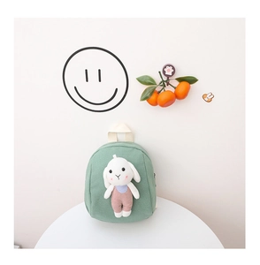 Detail of mint green toddler backpack featuring a cute 3D plush bunny with pink overalls