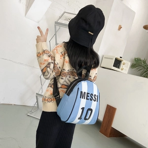 Kids Messi 10 striped soccer backpack in blue and white, stylish preschool bag for boys